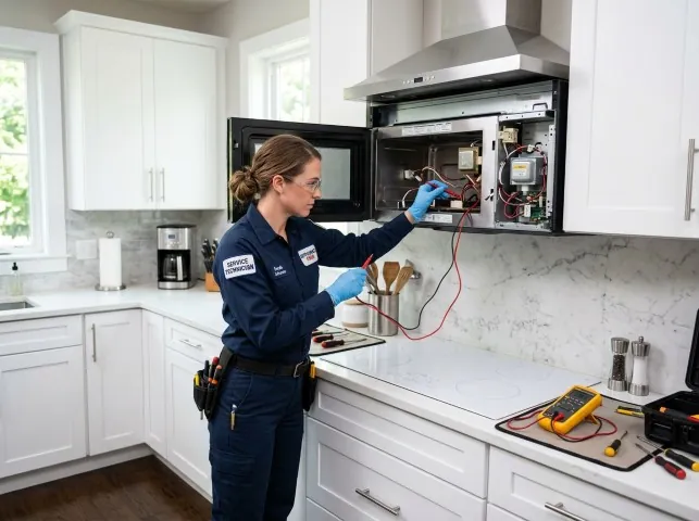 Appliance Repair Hero technician testing an over-the-range microwave in a Aurora, OR kitchen